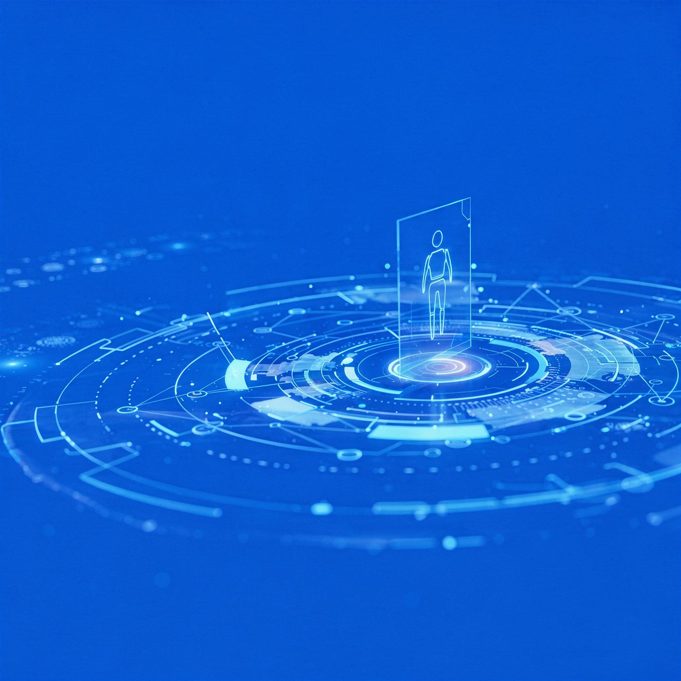 KI-Visualisierung – holografische Figur über vernetztem Datenring